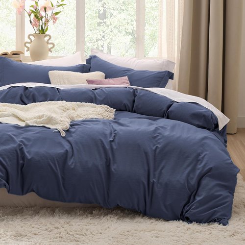 Bedsure Navy Blue Duvet Cover Set - Soft Prewashed Cotton-Like Polyester, King Size 3-Piece Bedding (104x90 Inches)