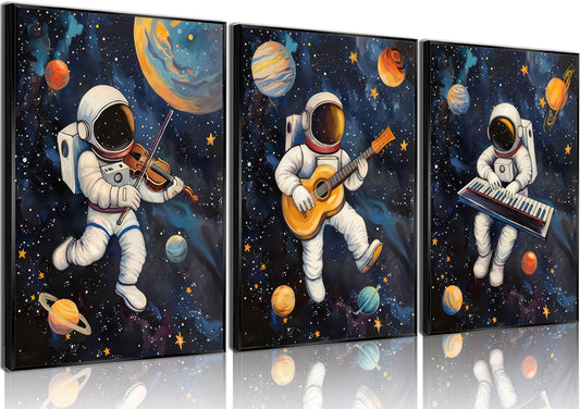 3Pcs Space Astronaut Music Posters Wall Art Cute Astronaut Musician Decor Pictures Funny Piano Guitar Violin Posters Prints for Boys Room Girls Room Kids Room Nursery Decoration Unframed