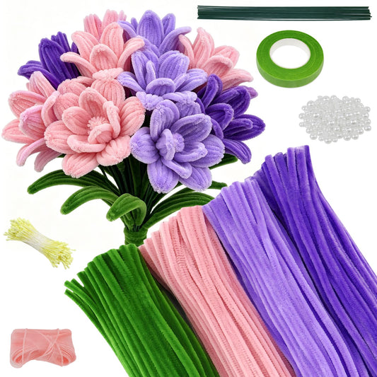 CHRORINE 320 Pcs Pipe Cleaners Bulk Pipe Cleaner Flower Kit Craft Supplies Soft and Flexible Creative Suitable for Art DIY Packaging and Decoration- Purple, Light Purple, Pink, Dark Green