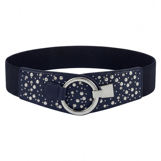 BlackButterfly Wide Elastic Stretch Retro Metal Interlock Buckle Belt (Midnight Blue, L)
