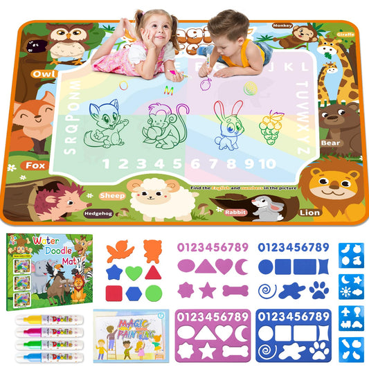 BlissfulBlend Water Doodle Mat Kids Mess Free Coloring for Toddlers 3 4 5 6 7 8 9 Years, 19 Pack Educational Toys, Doodle Mat with Magic Water Pens Boys Girls Christmas Birthday Holiday Present