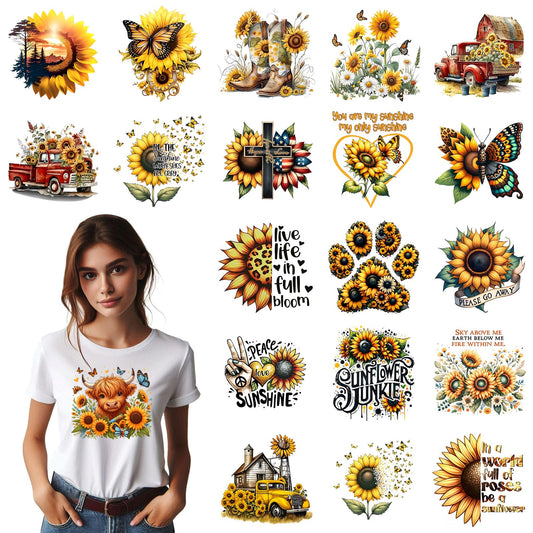 20 PCS Sunflower Heat Transfer Vinyl Stickers - Western Cowgirl/Truck/Butterfly/Cross Design Iron On Patches, Durable PU Vinyl Heat Transfer Decals for T-Shirts, DIY Clothing/Accessories/Bags/Hats