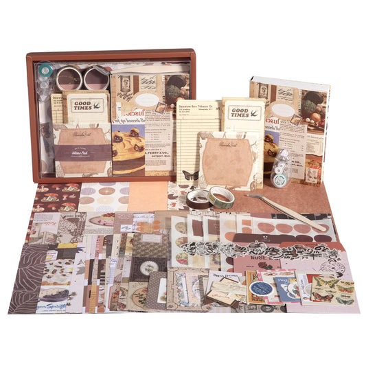 Upgraded Scrapbook Photo Album Supplies Kit with Tweezers and Glue Tape – Vintage Aesthetic Junk Journal Kit, Large Scrapbooking Paper, Sticker Pack, Notebook, DIY Craft, Gift for Adults (Goodtime)