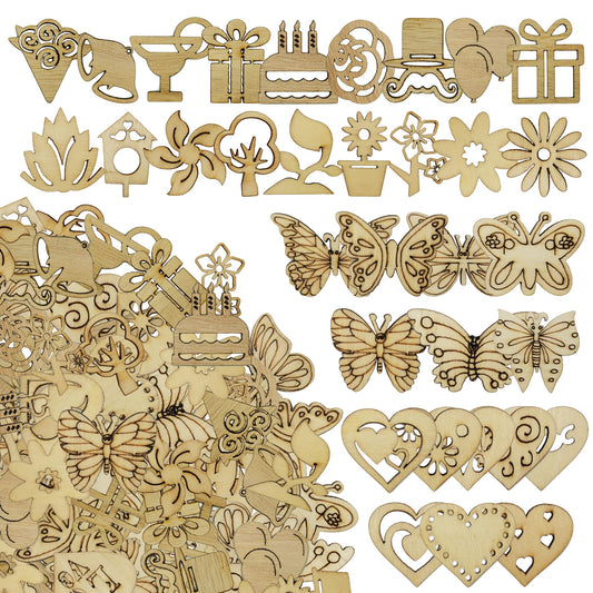 DIYOMR 200Pcs Hollow Wood Pieces Unfinished Wooden Vintage Embellishments Decorative Accessories for Graffiti Home Decor DIY Scrapbooking Handmade Crafts (Mix)