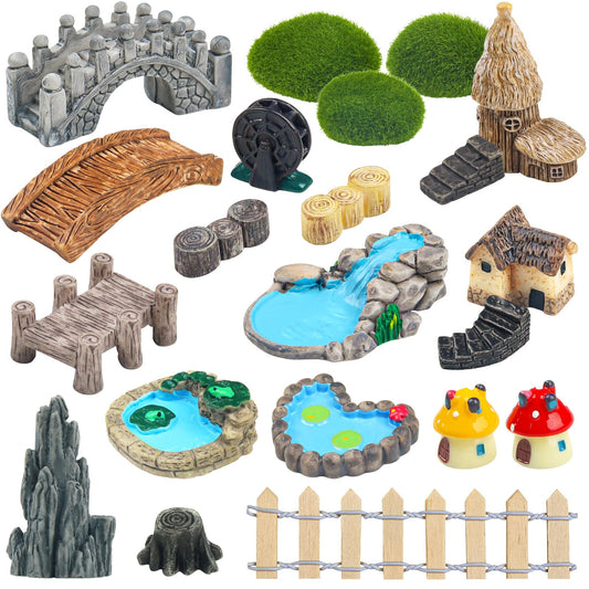 QUOZUO 21 Pcs Fairy Garden Miniatures Accessories Bridge House Landscape Water Well Fence Figurines Pond Mushroom Lawn Garden Ornament for DIY Craft Succulent Decor