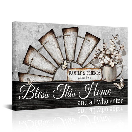 Visual Art Decor Farmhouse Windmill Wall Decor Bless This Home Sign Rustic Farm Style Room Decor Framed 16x24inch Kitchen Bedroom Living Room Decor (Black)