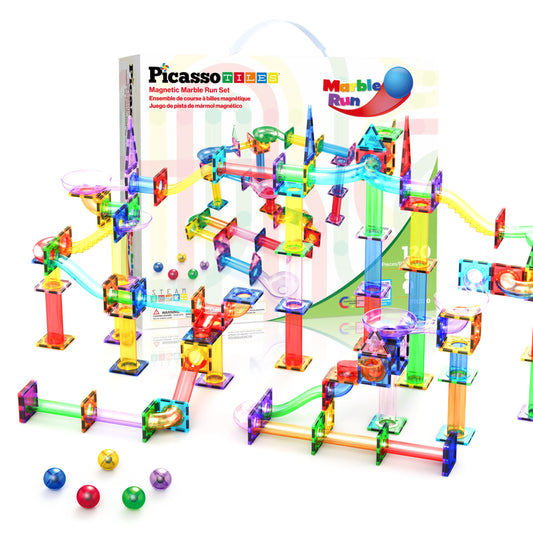 PicassoTiles 120pc Magnetic Tile Marble Run Set STEM Construction Toy with Track Building Blocks Educational Learning Compatible for Brain Development Creativity Coordination Kids Age 3 Plus PTG120