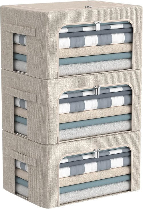 CYhom Foldable Storage Bins - Stackable Linen Fabric Organizer with Clear Window & Carry Handles | Large Capacity (Small-22L, Beige)