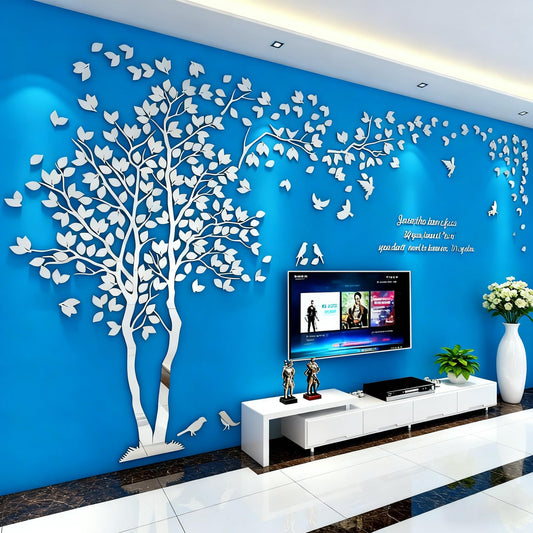 Family Tree Wall Decor Decals - DIY 3D Tree of Life Wall Art Large Decal Stickers Silver Decor Living Room Mural for Bedroom Hallway Home TV Background (Silver Left,M-98X51in)