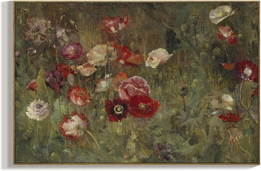RaphelArt Large Framed Canvas Wall Art - Vintage Flower Poppies for Home Decor | 24''x36'' Dark Moody Floral Painting
