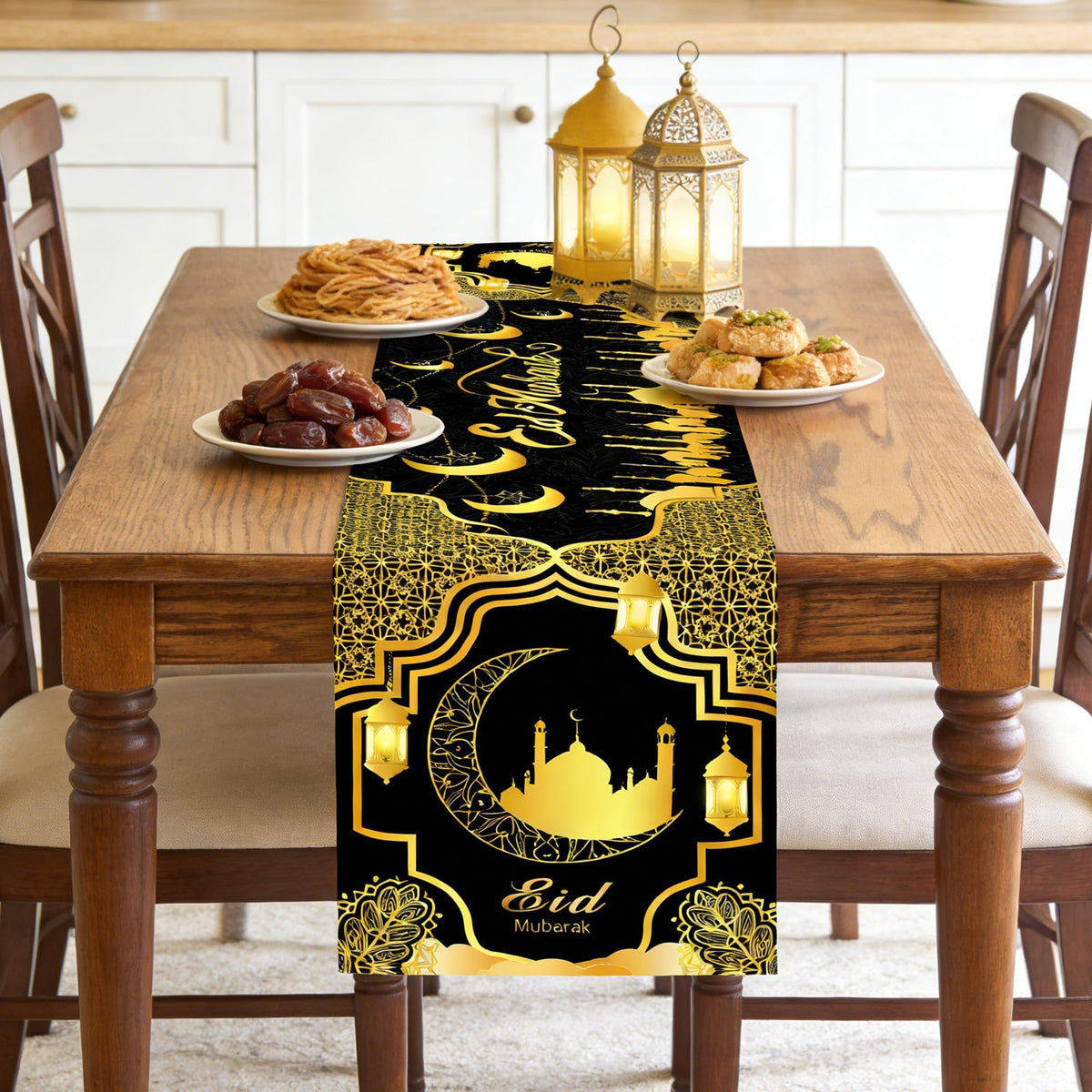 Ramadan Mosque Linen Table Runner: Black and Gold Mosque Moon Tablerunner Muslim Eid Al-fitr Eid Mubarak Perfect for Ramadan Party Home Kitchen Dining Mantel 13×72Inches(1 Pcs)