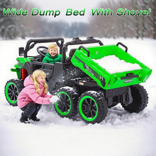 AOKOY 24V Side by Side 6 Wheel Ride On Dump Truck, 4WD Battery Powered Electric Car for Boys and Girls Outdoors with Remote Control, Bluetooth, Green