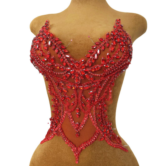 Hand Beaded Sewing Lace Patches Costumes Appliques with sew on Crystals Rhinestones for Crafts DIY Protects Wedding Evening Party Dance Clothes Accessories (Red)