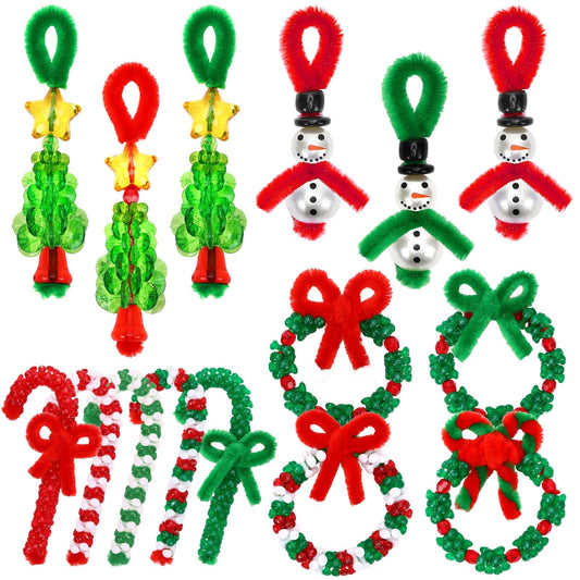 UPINS Christmas Beaded Ornament Kit, 52 Set Christmas Beaded Crafts Ornament Kit Tree Snowman Candy Cane Wreath Make Accessories for Hanging Wreath Cane Jewelry Making