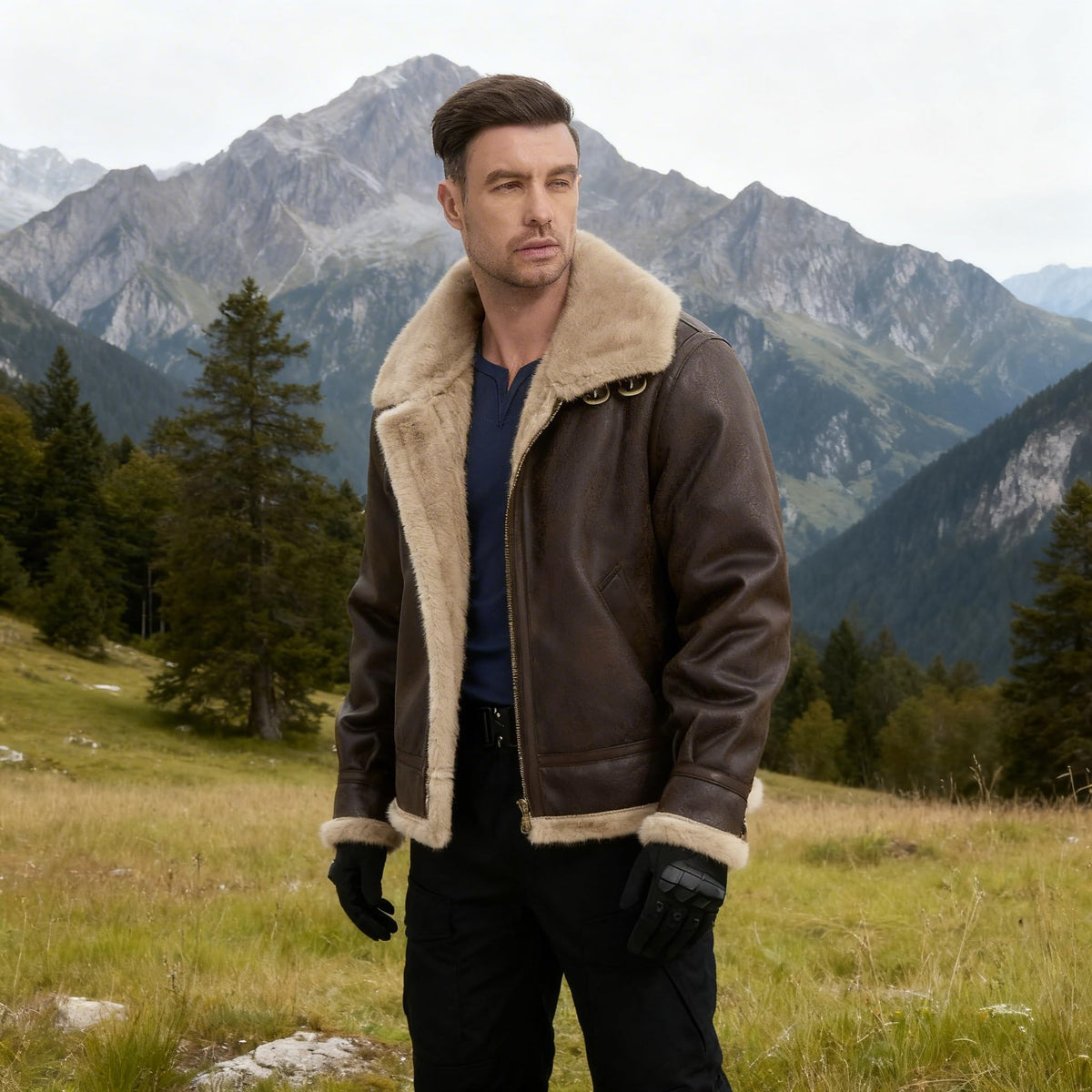 Mifidy Mens Leather Jacket, Brown Motorcycle Bomber Jacket Leon Comfort Fur Shearling Flight Breathable Durable Comic Con Cosplay Coat Birthday Gift Small