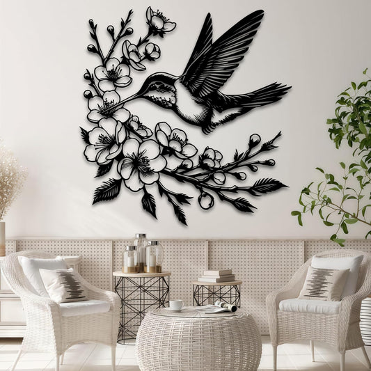 Maclou Hummingbird Metal Wall Art,Metal Flower Wall Decor,Hummingbird Wall Decor for Bedroom,Living Room,Bathroom (Black,19" x 18" / 47 x 45 cm)