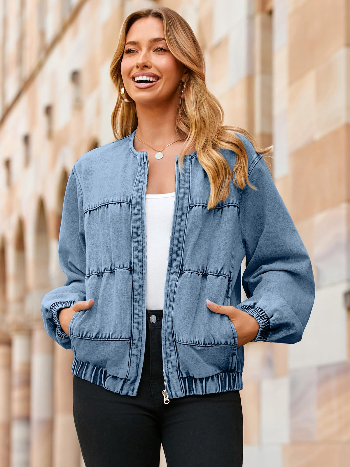 Glamaker Womens Denim Bomber Jacket Trendy Casual Zip Up Crew Neck Long Sleeve Loose Fit Jean Jacket Fall Outfits With Pockets (Denim Blue S)