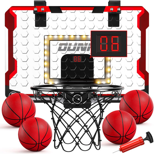 TEMI Basketball Hoop Indoor, LED Light Mini Basketball Hoop with 4 Balls & Electronic Scoreboard, Over the Door Basketball Hoop, Basketball Gifts for 5 6 7 8 9 10 11 12 Year Old Boys Girls Kids Teen