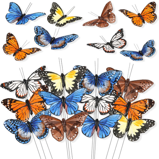 Butterfly Floral Picks Flower Arrangements Decoration 3D Artificial Feather Butterflies for Crafts Monarch Butterfly Decorations Fake Butterflies on Picks Bouquets for Garden Stakes Wall Decor