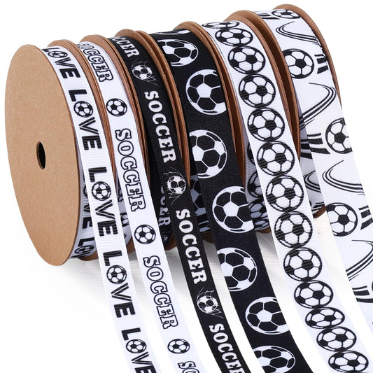 LaRibbons Soccer Ribbon Set 6 Rolls 30 Yards Total, White Black Sports Themed Craft Ribbons for Soccer Party Decorations, Hair Bows, Gift Wrapping, DIY Sewing Supplies