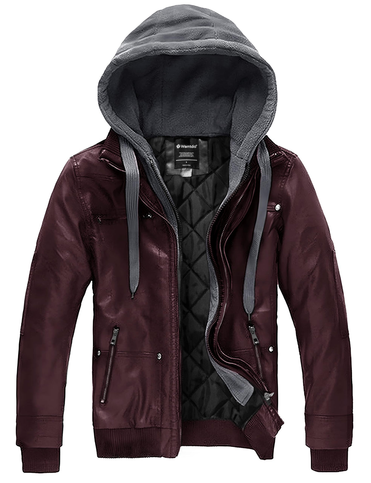 wantdo Men's Light Faux Leather Jacket Hooded Motorcycle Jacket Wine Red Large(Thick)
