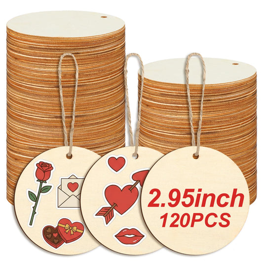 Jetec 120 Pcs Wooden Circles with Holes Unfinished Round Discs for DIY Craft Painting, Engraving, Easter Ornaments, Gift Tags, Wedding Decorations