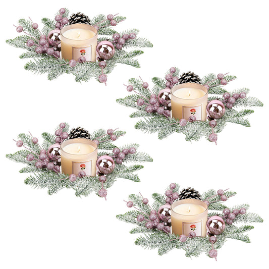 Christmas Candle Rings Wreaths,8" Small Wreaths for Kitchen Cabinet with Balls,Pine Cones,Pine Needles and Berries for Home Christmas Table Centerpiece Decorations (4, Pink)