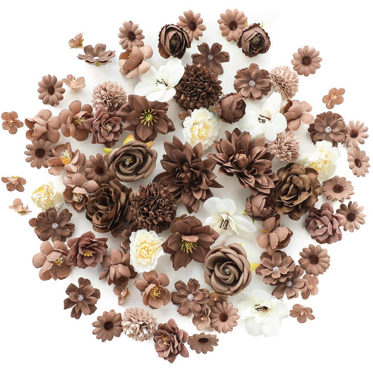 Floroom Mini Artificial Flower Heads Brown & Taupe Fake Peony Daisy Rose Multicolor Small Faux Silk Flower Heads for Cake Craft Garland Wedding Party Graduation Cap DIY Home Decoration, 0.8"-3.6"