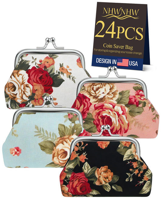 24Pcs Canvas Floral Coin Purses, Vintage Coin Purses, Small Cute Mini Wallet Pouch for Women & Girls, Floral Coin Purse Set, Gift Trinket Present Bag