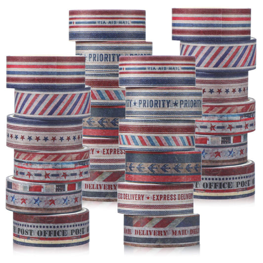 Janlaugh 24 Rolls 4th of July Airmail Postal Washi Tape Patriotic Vintage Washi Tape Gifts Bulk 250th Anniversary Independence Day Decorative Tapes for Journaling DIY Crafts Stationery Gift Wrapping