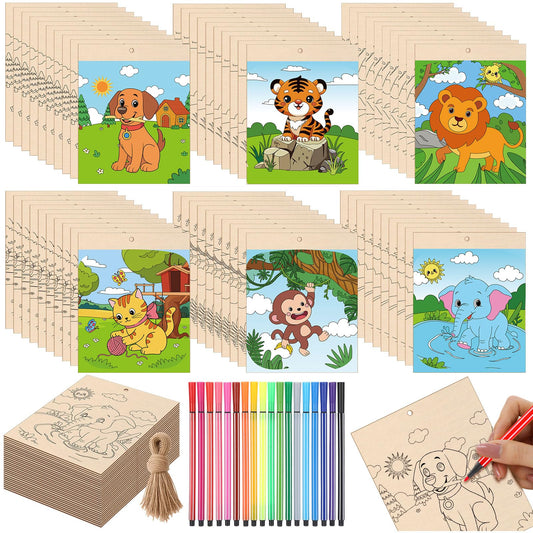 Watersay 60 Pcs Large Painting Gift for Kids 5.9" x 4.7" DIY Craft Kits Unfinished Wood Ornament for Adult, 6 Designs, Pre-drilled Wood Slices with 60 Watercolor Markers & 12" Jute Strings(Animal)