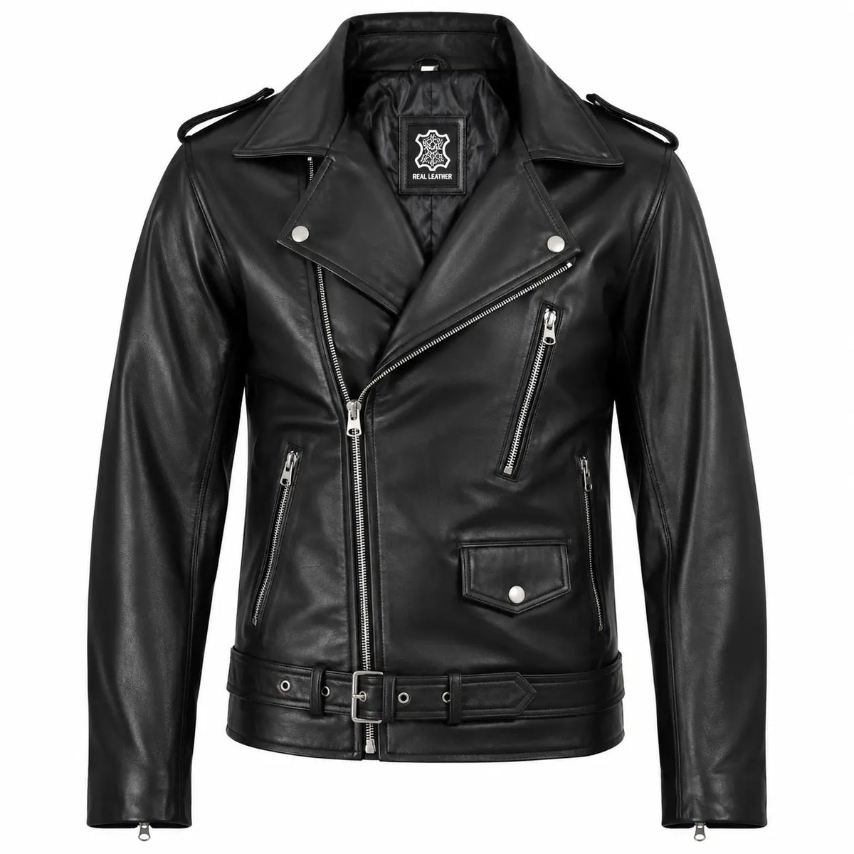 Sowachi Men's Black Asymmetrical Belted Biker Leather Jacket