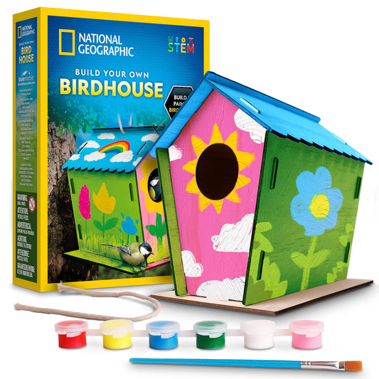 National Geographic Build Your Own Birdhouse Kit – DIY Wooden Birdhouse Craft with Paints, Brush, Bird-Watching Journal & Educational Poster for Kids, Bird House Craft