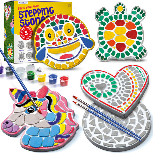 Dan&Darci Stepping Stones Painting Kit for Kids, 5 Paint Your Own Garden Stones with Paints and Brushes, Crafts for Kids Ages 6-8