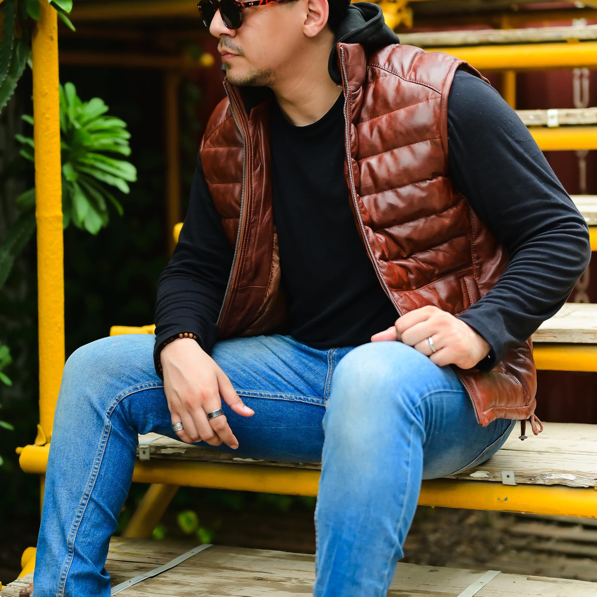 Jild Lambskin Leather Puffer Vest with Removable Hood - Stand Collar Casual Style Sleeveless Leather Jacket Men (Puffer-Tan-XXL)