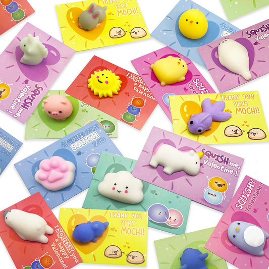 28 Pack Valentine’s Day Cards with Mochi Squishy Toys for Kids, Cute Kawaii Squishies School Classroom Valentine Exchange Set, Valentines Party Favors and Greeting Cards