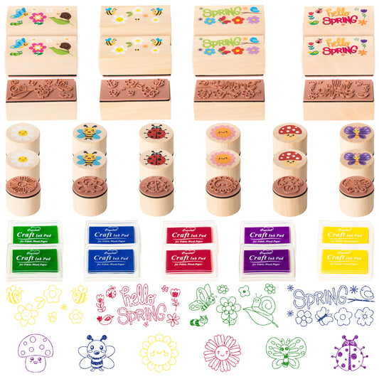CUweipeng Spring Wooden Rubber Stamps - 30 Pcs Hello Spring DIY Craft Card Stamps Pads Animal Flower Rubber Ink Pads Set for Kids Birthday Gift Favor Classroom Card Scrapbooking Making Supplies