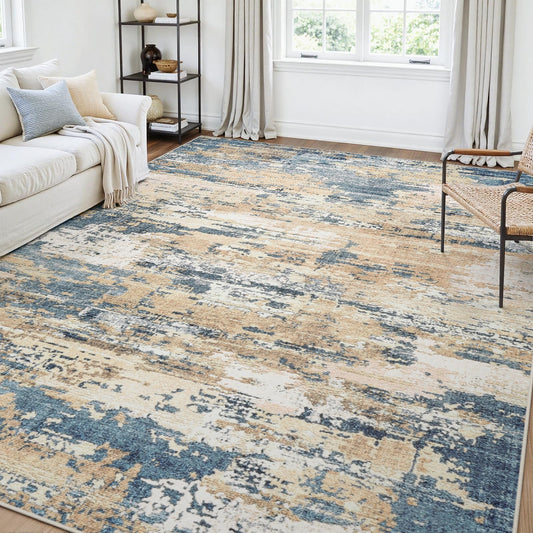 Area Rugs 5x7 Living Room: Large Soft Washable Rug Modern Abstract Anti-Skid Non-Shedding Carpet Indoor Floor Thin Carpets for Bedroom Dining Room Farmhouse Nursery Home Office Brown Blue