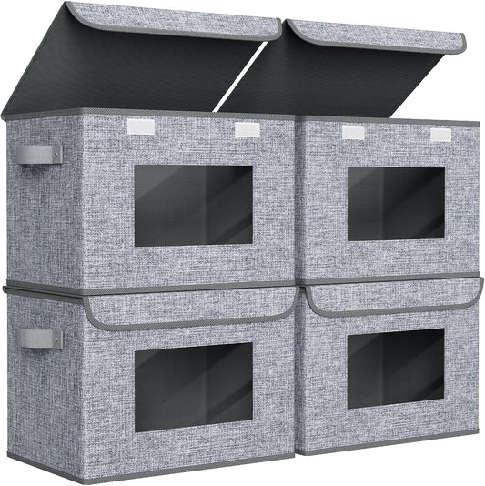 Univivi Foldable Storage Boxes - Large Collapsible Bins with Lids | 4-Pack Grey Organizers (17'' x 12'' x 12'')
