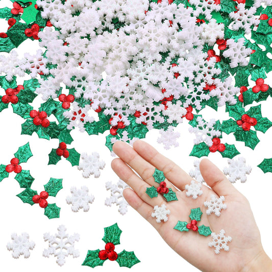 Wenqik 300 Pcs Mini Resin Snowflakes Holly Green Leaves Decors and Berries Charms for Xmas Craft, Glitter Tiny Snowflake Buttons with Berries Embellishments for Card Gift Xmas Holiday Party Supplies