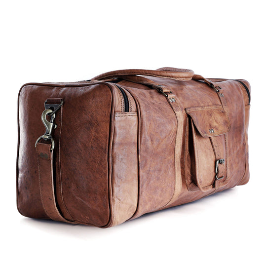 Leather duffle bags large 24 Inch Square Duffel Travel Gym Sports Overnight Weekender Leather Bag for men and women