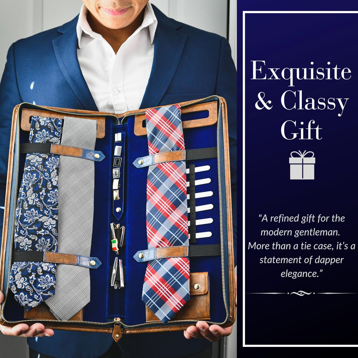 Mirage Royal Blue Tie Travel Case Necktie Holder Organizer with Jewelry Case Pocket for Small Dress Accessories