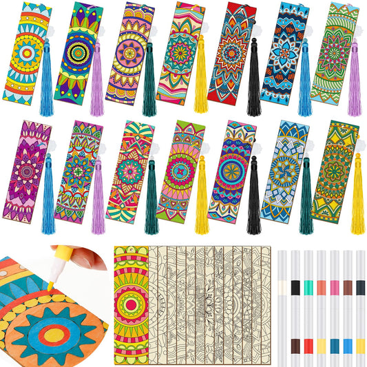 Reallnaive 42 Pcs Wooden Mandala Bookmarks DIY Painting Set Includes 15 Unfinished Blank Bookmarks 15 Tassels 12 Markers, for Mandala Gift Arts Craft Party for Adults Hobby