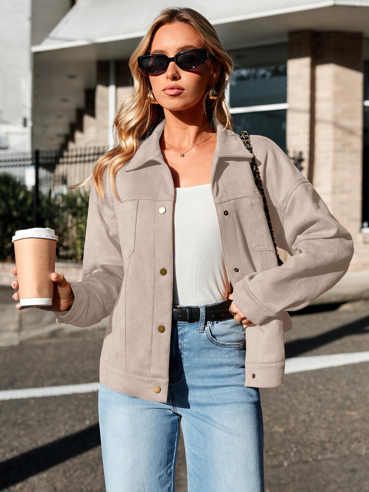 Womens Faux Suede Jacket Button Down Lightweight Fall Coats Beige L