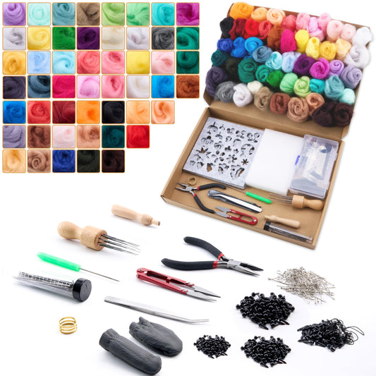 DF DUALFERV Needle Felting Kit with 50 Colors of Premium Felting Wool - Fluffy, Textured Wool Roving with Strong Plasticity for Felted Animal - Includes Instruction for Creative Crafting Projects