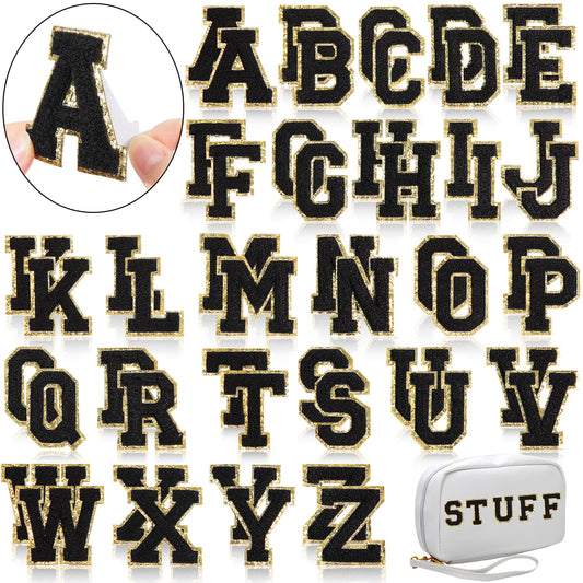 WILLBOND 52 Pcs Chenille Letter Patches A-Z, Self Adhesive Alphabet Patches for Clothes, Bags, Hats DIY, Name Craft & Personalized Best Mom Groovy Wedding Gifts(Black,2.2 Inch)