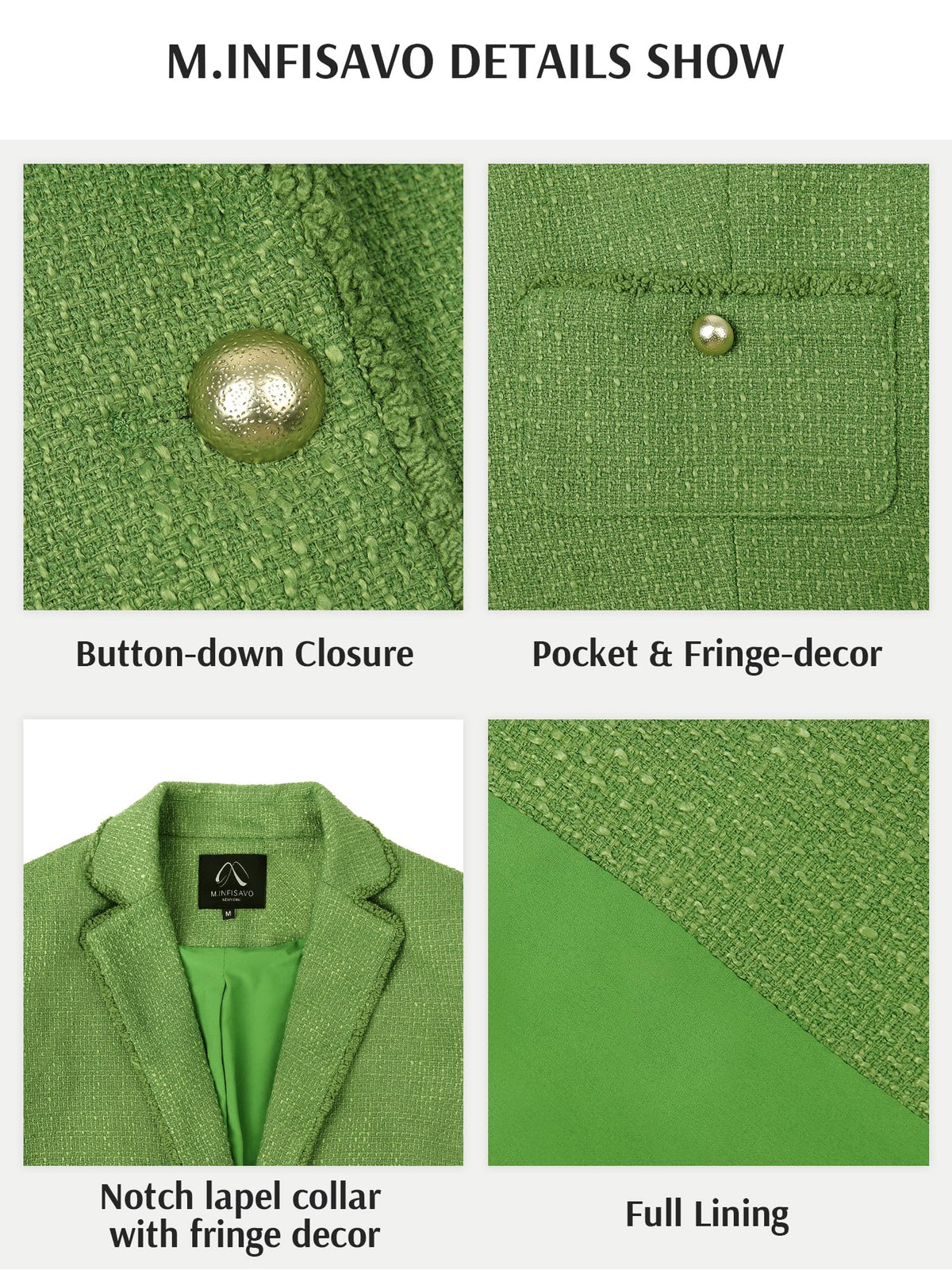 M.Infisavo Women’s Cropped Tweed Jacket Blazer with Pockets Notch Lapel