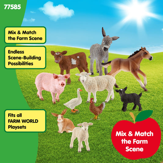 Schleich Farm World - 10PC Farm Animal Bundle with Chicken, Pig, Horse Figurines - Barnyard Starter Set with Baby Animal Figures - Durable Educational Toys for Imaginative Play - Kids Ages 3+ | 77585