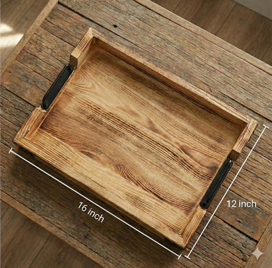 Wooden Rustic Large Serving Tray with Handles | Brown Pine Tree | Vintage Style | Unique Decorative Metal Corners | Ottoman & Outdoor Tray | Rustic Home Decor