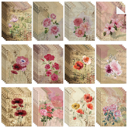 PerKoop 48 Sheets Vintage Floral Decoupage Paper for Furniture Scrapbook Craft 8.3 x 11.7'' Flower Decoupage Paper Napkins for Crafts French Chic Cottage Art Collage for Furniture Decor